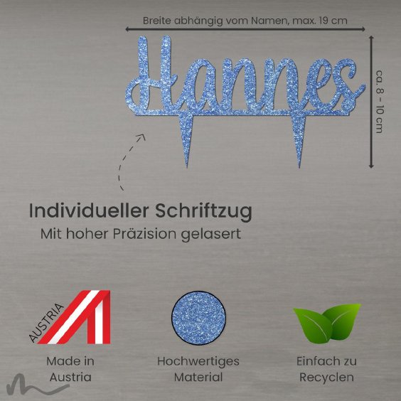 Cake Topper Name personalisiert Blau Glitzer