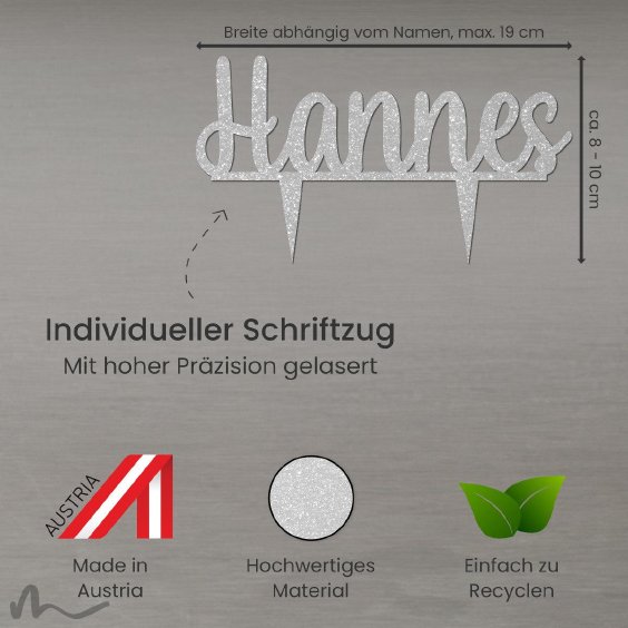 Cake Topper Name personalisiert Silber Glitzer