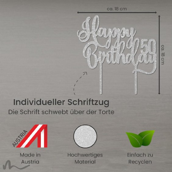 Cake Topper Happy Birthday Zahl personalisiert Silber Glitzer