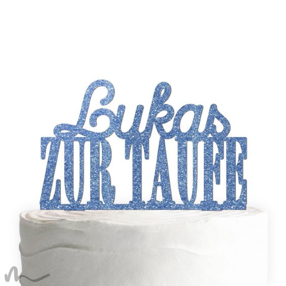 Cake Topper Zur Taufe personalisiert Blau Glitzer