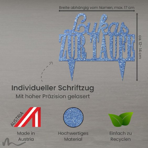 Cake Topper Zur Taufe personalisiert Blau Glitzer