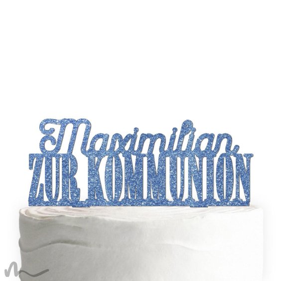 Cake Topper Zur Kommunion personalisiert Blau Glitzer