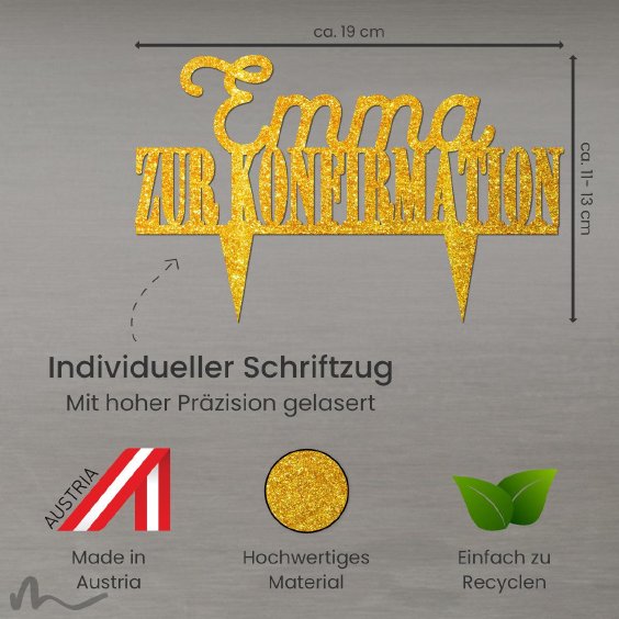 Cake Topper Zur Konfirmation personalisiert Gold Glitzer