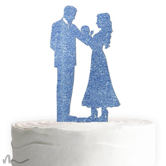 Cake Topper Brautpaar mit Baby Blau Glitzer