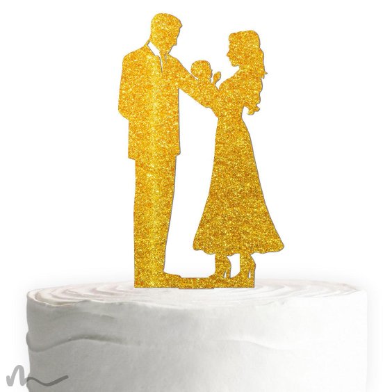 Cake Topper Brautpaar mit Baby Gold Glitzer