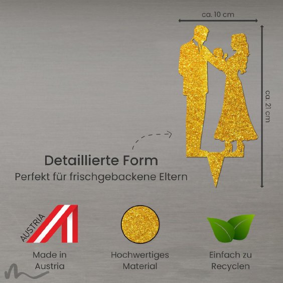Cake Topper Brautpaar mit Baby Gold Glitzer
