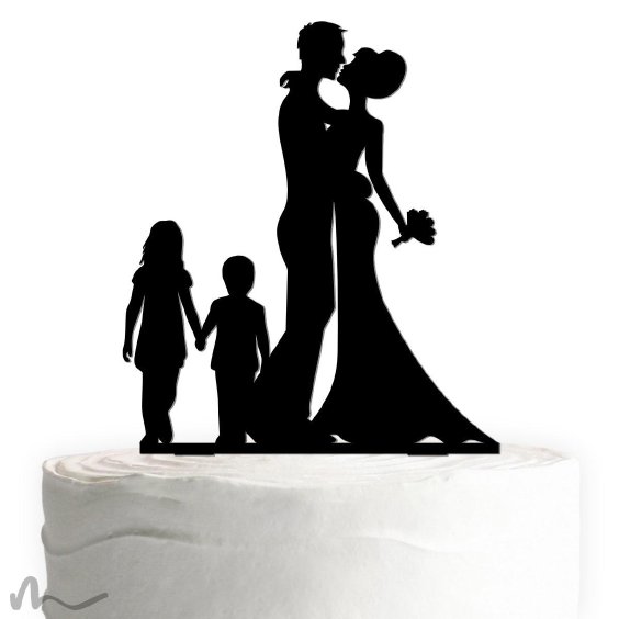Cake Topper Brautpaar mit Kindern Schwarz