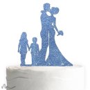 Cake Topper Brautpaar mit Kindern Blau Glitzer