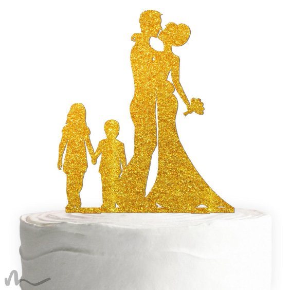 Cake Topper Brautpaar mit Kindern Gold Glitzer