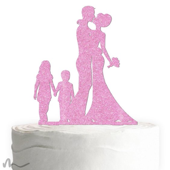 Cake Topper Brautpaar mit Kindern Pink Glitzer