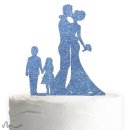Cake Topper Brautpaar mit Kindern 2 Blau Glitzer
