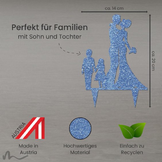 Cake Topper Brautpaar mit Kindern 2 Blau Glitzer