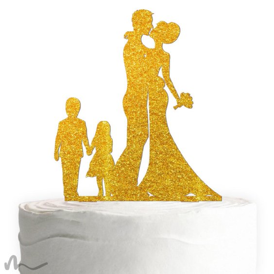 Cake Topper Brautpaar mit Kindern 2 Gold Glitzer
