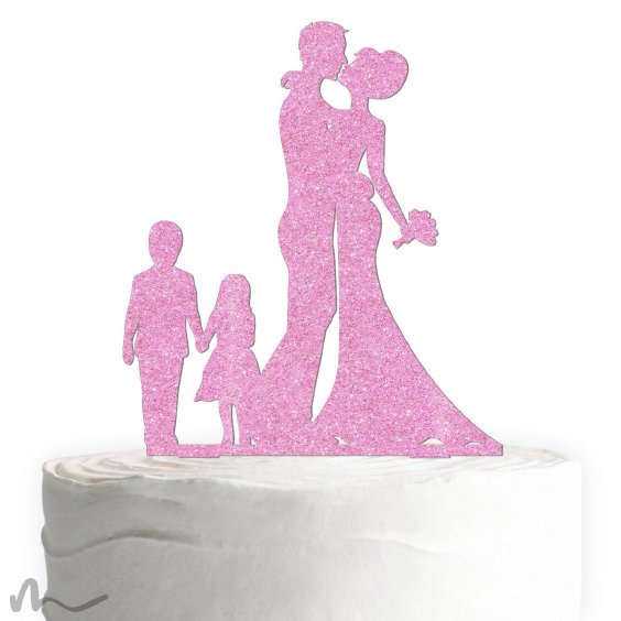 Cake Topper Brautpaar mit Kindern 2 Pink Glitzer