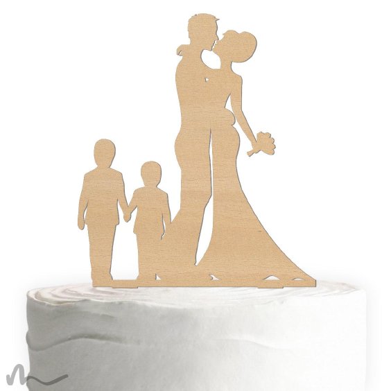 Cake Topper Brautpaar mit Kindern Jungen Holz