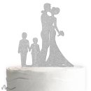 Cake Topper Brautpaar mit Kindern Jungen Silber Glitzer