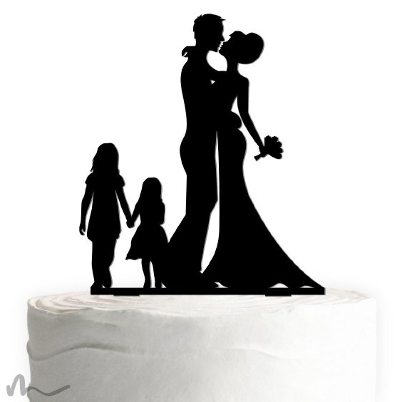 Cake Topper Brautpaar mit Kindern Mädchen Schwarz