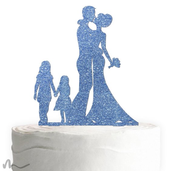 Cake Topper Brautpaar mit Kindern Mädchen Blau Glitzer