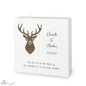 Hochzeitskerze Docht Holzapplikation Hirsch 20 x 20 cm