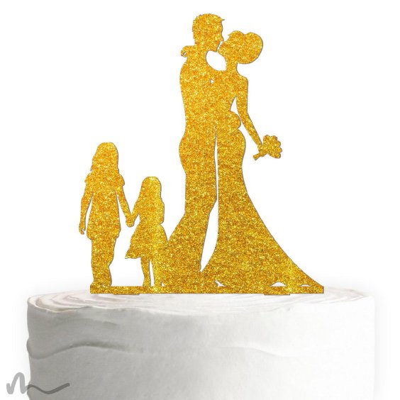 Cake Topper Brautpaar mit Kindern Mädchen Gold Glitzer