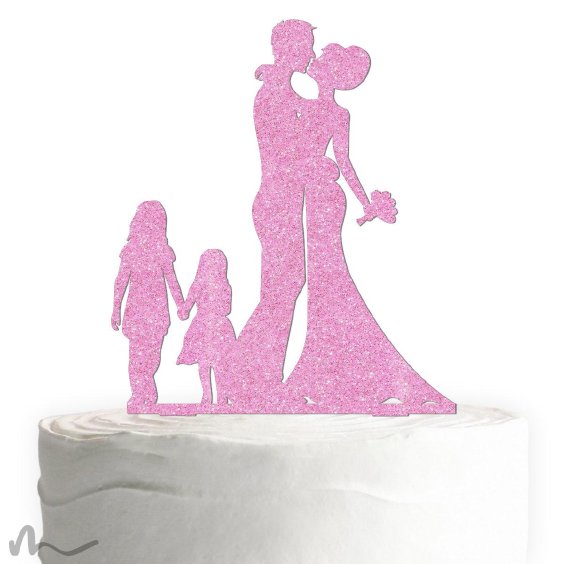 Cake Topper Brautpaar mit Kindern Mädchen Pink Glitzer