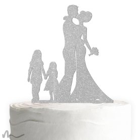 Cake Topper Brautpaar mit Kindern Mädchen Silber Glitzer